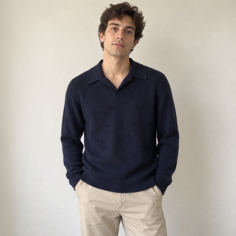 Naadam Men Sweater Large Navy Blue 100% Cashmere Collared Polo Minimalist Luxury